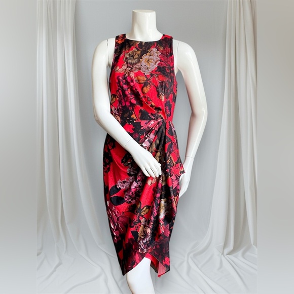 Calvin Klein Red Floral Sheath Dress Cascade Pleated Dark Romantic Wedding Midi - Picture 11 of 11